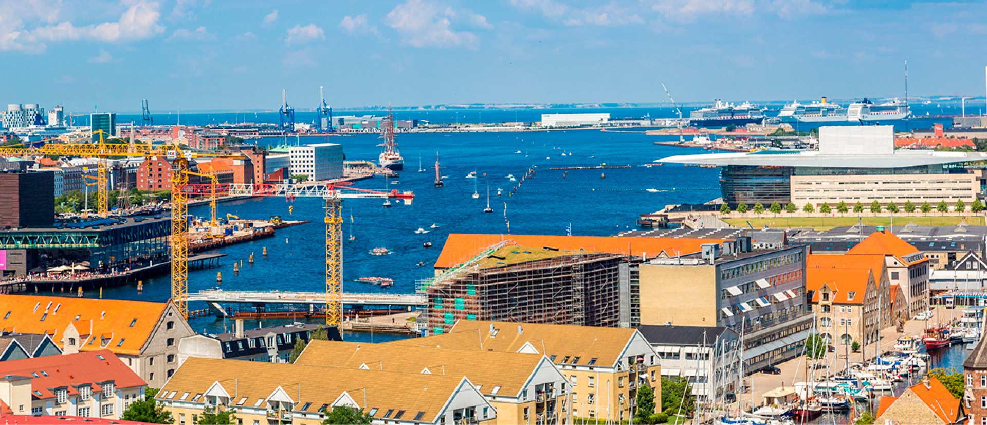 Billede i fugleperspektiv af huse og lejligheder.